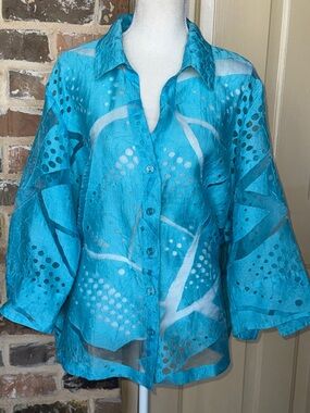 Bamboo Traders Turquoise Sheer Abstract Burn-Out Button-Down Top Jacket Resort